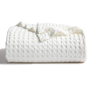 COTTON Waffle Weave Bamboo Blanket Queen Size Cream Soft Lightweight Bed Blanket